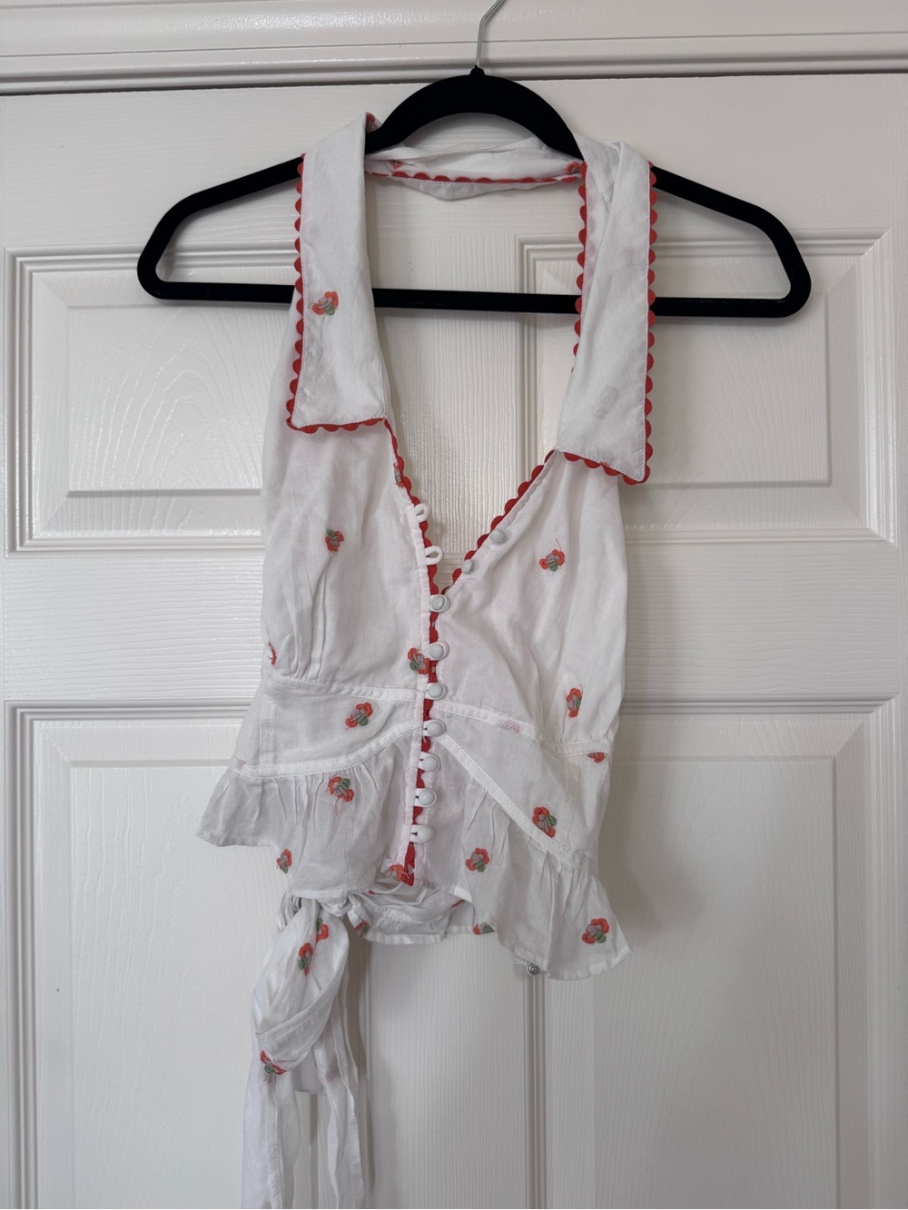 Free People White Crop Top with Red Trim and Floral Embroidery